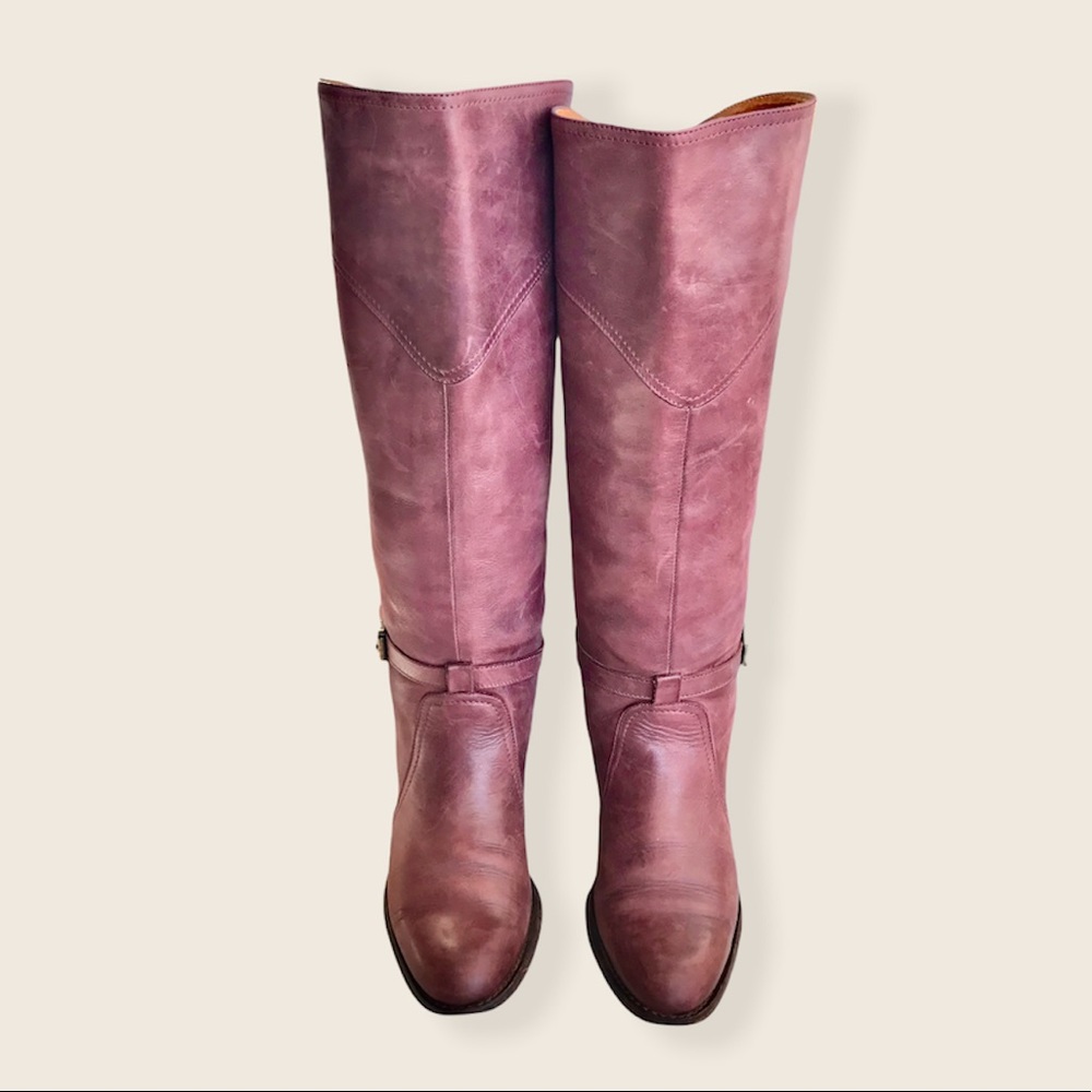 Frye Dorado Polished Genuine Leather Bordeaux/Light Red Knee High Riding Boots - Picture 7 of 16